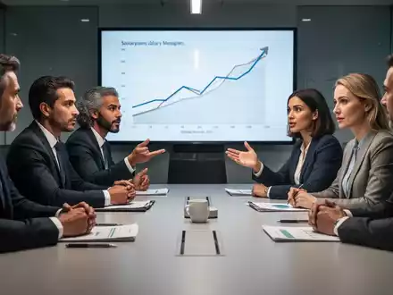 Eine Gruppe von GeschĂ€ftsleuten verhandelt an einem Konferenztisch, im Hintergrund eine Grafik mit aufsteigenden Gehaltstrends. - Foto: ĂŒber boerse-global.de
