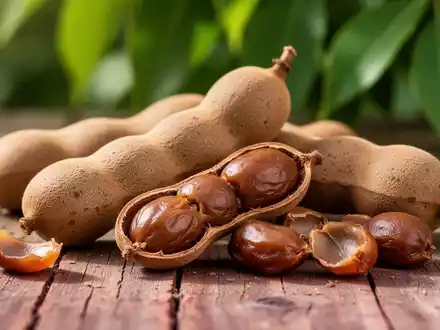 Nahaufnahme von reifen Tamarindenschoten und geschälten Tamarindenfrüchten auf einem Holztisch mit unscharfem grünen Hintergrund. - Foto: über boerse-global.de