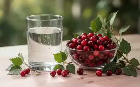 Ein Glas Wasser neben einer Schale mit Cranberrys und einem Kräuterzweig auf einem Holztisch, symbolisiert gesunde Ernährung und Flüssigkeitszufuhr. - Foto: über boerse-global.de