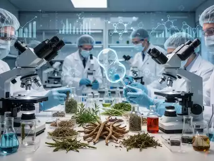 Wissenschaftler in einem modernen Labor untersuchen traditionelle chinesische Medizin mit Mikroskopen und digitalen Datenüberlagerungen. - Foto: über boerse-global.de