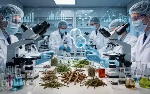 Wissenschaftler in einem modernen Labor untersuchen traditionelle chinesische Medizin mit Mikroskopen und digitalen Datenüberlagerungen. - Foto: über boerse-global.de