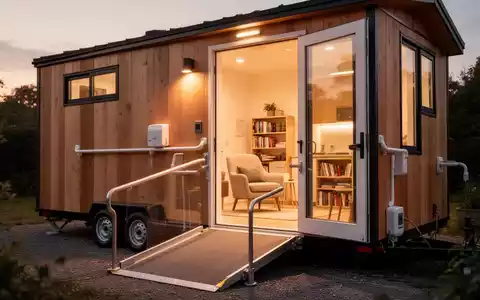 Ein gemütliches, modernes Tiny House mit einer Rampe am Eingang und einem hellen, barrierefreien Innenraum, der einen bequemen Sessel zeigt. - Foto: über boerse-global.de
