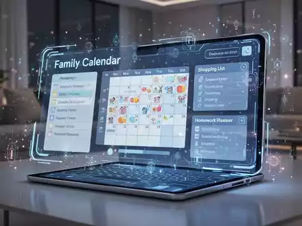 Eine digitale Schnittstelle auf einem Tablet zeigt einen Familienkalender, eine Einkaufsliste und einen Stundenplan, symbolisierend KI im Alltag. - Foto: über boerse-global.de