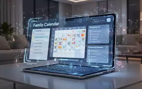 Eine digitale Schnittstelle auf einem Tablet zeigt einen Familienkalender, eine Einkaufsliste und einen Stundenplan, symbolisierend KI im Alltag. - Foto: über boerse-global.de