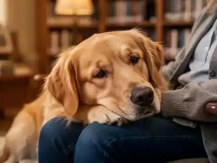Ein Therapiehund ruht beruhigend auf dem Schoß eines Menschen in einer gemütlichen Umgebung, die Entspannung und Wohlbefinden fördert. - Foto: über boerse-global.de
