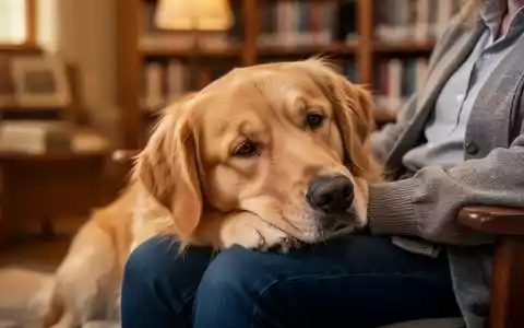 Ein Therapiehund ruht beruhigend auf dem Schoß eines Menschen in einer gemütlichen Umgebung, die Entspannung und Wohlbefinden fördert. - Foto: über boerse-global.de