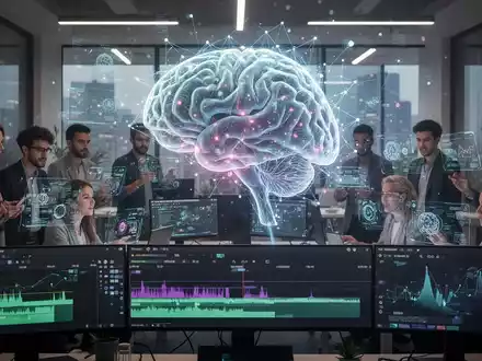 Leuchtendes, abstraktes KI-Gehirn mit Videoleisten, umgeben von verschiedenen Fachleuten mit holografischen Schnittstellen in einem modernen Büro. - Foto: über boerse-global.de