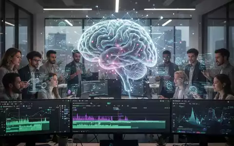 Leuchtendes, abstraktes KI-Gehirn mit Videoleisten, umgeben von verschiedenen Fachleuten mit holografischen Schnittstellen in einem modernen Büro. - Foto: über boerse-global.de