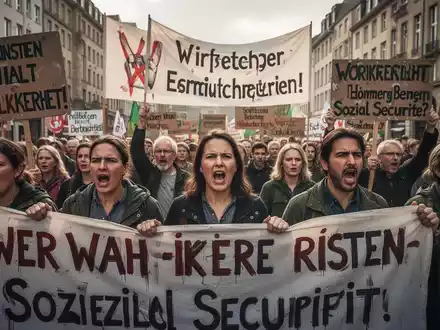Menschen demonstrieren in einer deutschen Stadt für Arbeitnehmerrechte und Sozialstaatsschutz, mit Protestschildern und ernsten Gesichtern. - Foto: über boerse-global.de