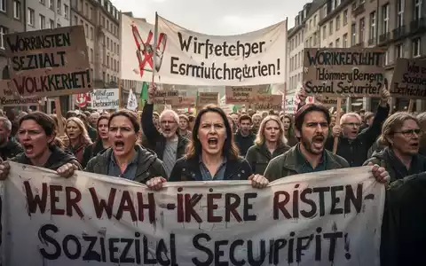 Menschen demonstrieren in einer deutschen Stadt für Arbeitnehmerrechte und Sozialstaatsschutz, mit Protestschildern und ernsten Gesichtern. - Foto: über boerse-global.de