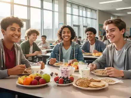 Schüler sitzen an einem Tisch und frühstücken gesund in einer hellen Schulkantine mit natürlichem Licht. - Foto: über boerse-global.de