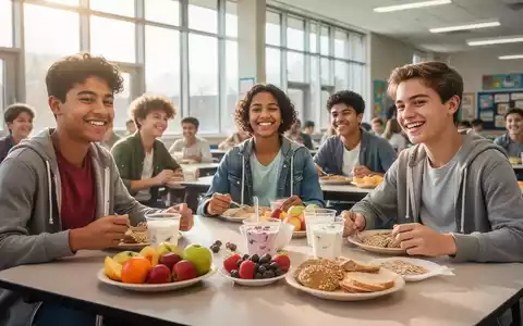 Schüler sitzen an einem Tisch und frühstücken gesund in einer hellen Schulkantine mit natürlichem Licht. - Foto: über boerse-global.de