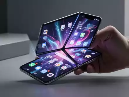 Schlankes, teilweise gefaltetes Breitformat-Smartphone mit lebendigem Bildschirm, von einer Hand vor unscharfem modernem Hintergrund gehalten. - Foto: über boerse-global.de