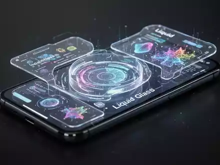 Nahaufnahme eines Smartphone-Bildschirms mit futuristischem 'Liquid Glass'-Interface und KI-generierten Grafiken. - Foto: über boerse-global.de