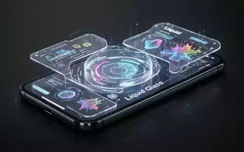 Nahaufnahme eines Smartphone-Bildschirms mit futuristischem 'Liquid Glass'-Interface und KI-generierten Grafiken. - Foto: über boerse-global.de