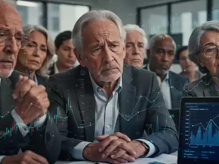 Ältere, vielfältige Gruppe von Menschen im Büro, die müde, aber entschlossen aussehen, mit subtilen digitalen Daten-Overlays. - Foto: über boerse-global.de
