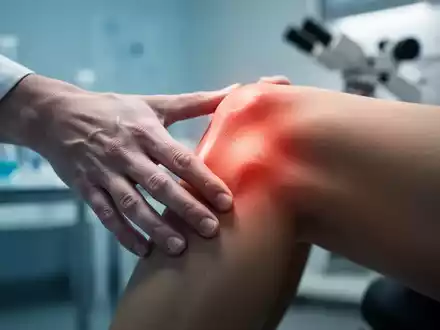 Eine Nahaufnahme einer Hand, die ein schmerzendes Knie oder Sprunggelenk berĂŒhrt, mit einem verschwommenen medizinischen Hintergrund. - Foto: ĂŒber boerse-global.de