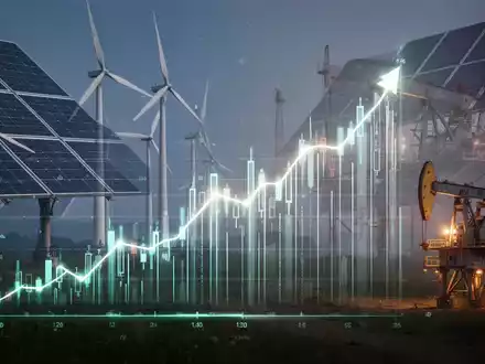 Verschiedene Energiequellen wie Sonnenkollektoren, Windturbinen und Ölplattformen um eine stilisierte, leuchtende Börsenkurve herum. - Foto: über boerse-global.de