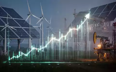Verschiedene Energiequellen wie Sonnenkollektoren, Windturbinen und Ölplattformen um eine stilisierte, leuchtende Börsenkurve herum. - Foto: über boerse-global.de