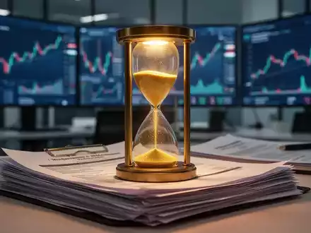 Eine stilisierte, beleuchtete Sanduhr auf Finanzdokumenten in einem modernen Büroumfeld, symbolisiert Vorsorgeplanung und Fristen. - Foto: über boerse-global.de