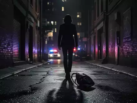 Eine dunkle Gasse bei Nacht, eine verlorene Handtasche liegt auf dem Boden, mit schwach sichtbaren Polizeilichtern im Hintergrund. - Foto: über boerse-global.de