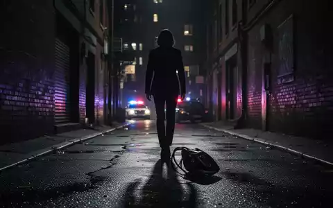 Eine dunkle Gasse bei Nacht, eine verlorene Handtasche liegt auf dem Boden, mit schwach sichtbaren Polizeilichtern im Hintergrund. - Foto: über boerse-global.de