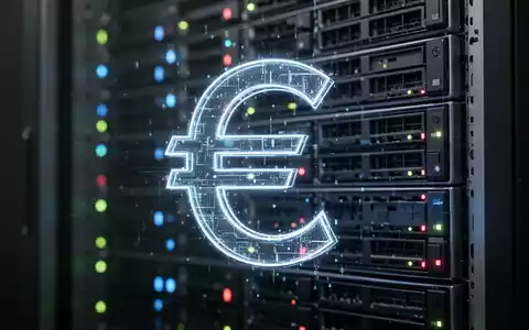Ein stilisiertes, leuchtendes digitales Euro-Symbol vor einem verschwommenen Hintergrund eines Server-Racks mit blinkenden Lichtern. - Foto: über boerse-global.de