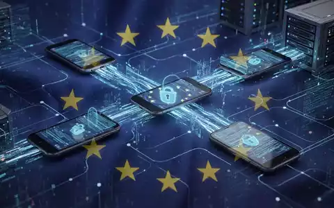 Digitale Datenströme zwischen Mobilgeräten und Servern mit dezenter Überlagerung der EU-Sterne, die Datenschutz und Regulierungen symbolisieren. - Foto: über boerse-global.de