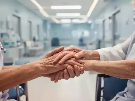 Nahaufnahme der Hände einer Pflegekraft, die sanft die Hand eines älteren Patienten hält, im Hintergrund ein verschwommener Krankenhausflur. - Foto: über boerse-global.de