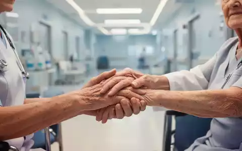 Nahaufnahme der Hände einer Pflegekraft, die sanft die Hand eines älteren Patienten hält, im Hintergrund ein verschwommener Krankenhausflur. - Foto: über boerse-global.de