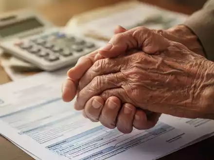 Eine ältere Hand wird von einer jüngeren Hand gehalten, mit verschwommenen Rentendokumenten im Hintergrund, die Pflege und Rentenansprüche symbolisieren. - Foto: über boerse-global.de