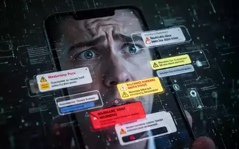 Nahaufnahme eines Smartphone-Bildschirms mit ĂŒberlappenden Pop-up-Werbungen und Malware-Warnungen, mit besorgtem Gesicht im Spiegelbild. - Foto: ĂŒber boerse-global.de