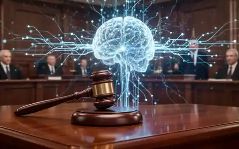 Richterhammer auf Holztisch mit dezentem, leuchtendem KI-Netzwerk im Hintergrund, symbolisiert rechtliche Fragen mit Technologie. - Foto: über boerse-global.de