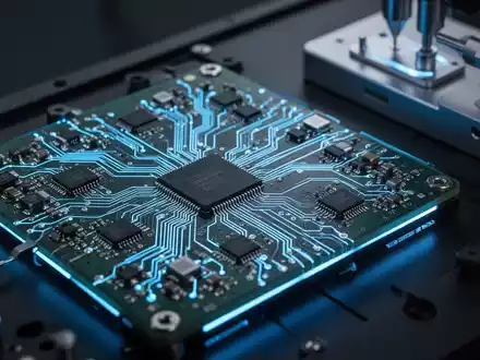 Nahaufnahme einer komplexen Leiterplatte mit feiner Verkabelung und Mikrochips, beleuchtet von einem blauen Schein, neben Präzisionsprüfgeräten. - Foto: über boerse-global.de