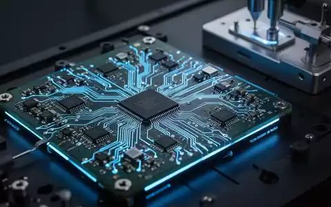 Nahaufnahme einer komplexen Leiterplatte mit feiner Verkabelung und Mikrochips, beleuchtet von einem blauen Schein, neben Präzisionsprüfgeräten. - Foto: über boerse-global.de