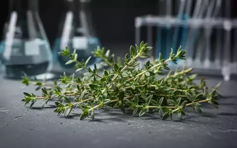 Nahaufnahme von frischen Thymianzweigen auf dunklem Hintergrund mit angedeuteter Laborausstattung im Unschärfebereich. - Foto: über boerse-global.de