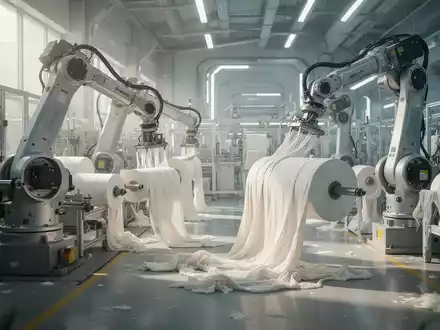 Roboterarme sortieren Stoffballen in einer modernen, nachhaltigen Textilfabrik. Die Szene ist hell und sauber, mit Fokus auf Effizienz. - Foto: über boerse-global.de