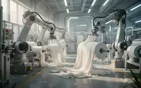 Roboterarme sortieren Stoffballen in einer modernen, nachhaltigen Textilfabrik. Die Szene ist hell und sauber, mit Fokus auf Effizienz. - Foto: über boerse-global.de