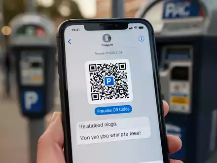 Nahaufnahme eines Smartphones mit betrügerischem QR-Code und Textnachricht vor verschwommenem Hintergrund einer Parkuhr. - Foto: über boerse-global.de