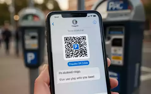 Nahaufnahme eines Smartphones mit betrügerischem QR-Code und Textnachricht vor verschwommenem Hintergrund einer Parkuhr. - Foto: über boerse-global.de