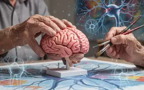 Ältere Hände berühren ein Gehirnmodell und einen Pinsel, umgeben von Kunst und neurologischen Mustern. - Foto: über boerse-global.de