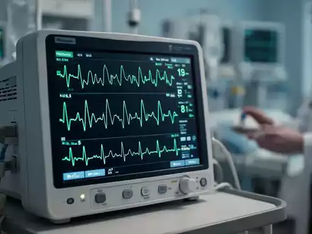 Nahaufnahme eines EKG-Monitors, der einen unregelmäßigen Herzrhythmus anzeigt, mit unscharfem medizinischem Hintergrund. - Foto: über boerse-global.de
