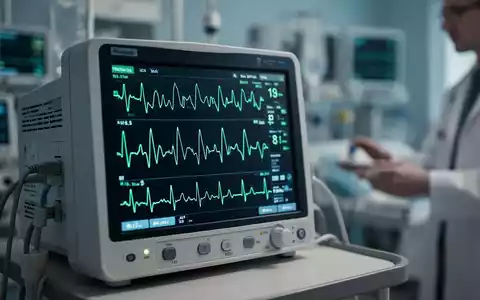 Nahaufnahme eines EKG-Monitors, der einen unregelmäßigen Herzrhythmus anzeigt, mit unscharfem medizinischem Hintergrund. - Foto: über boerse-global.de