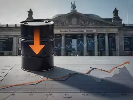 Abwärtszeigender Pfeil auf einem Ölfass, der Schatten auf einen flachen Finanzgrafen wirft, mit dem Gebäude der Frankfurter Wertpapierbörse im Hintergrund. - Foto: über boerse-global.de
