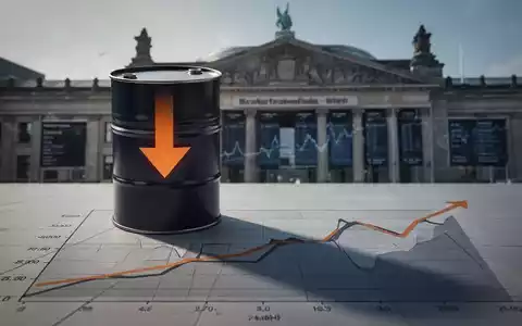 Abwärtszeigender Pfeil auf einem Ölfass, der Schatten auf einen flachen Finanzgrafen wirft, mit dem Gebäude der Frankfurter Wertpapierbörse im Hintergrund. - Foto: über boerse-global.de