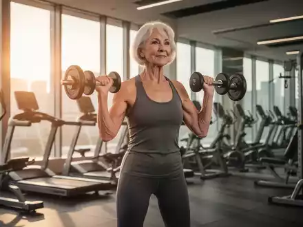 Eine aktive Seniorin über 50 trainiert in einem modernen Fitnessstudio mit leichten Gewichten, um Muskelkraft und Gesundheit zu fördern. - Foto: über boerse-global.de