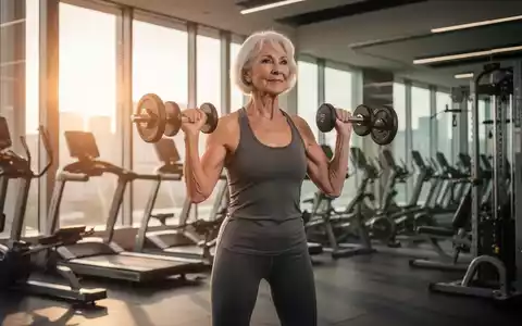 Eine aktive Seniorin ĂŒber 50 trainiert in einem modernen Fitnessstudio mit leichten Gewichten, um Muskelkraft und Gesundheit zu fördern. - Foto: ĂŒber boerse-global.de
