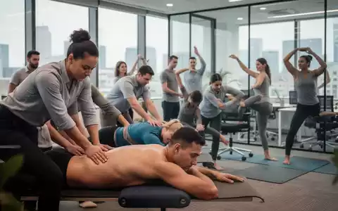 Mitarbeiter erhalten im Büro eine kurze Massage oder dehnen sich, symbolisierend betriebliche Gesundheitsförderung und Wellness-Programme. - Foto: über boerse-global.de