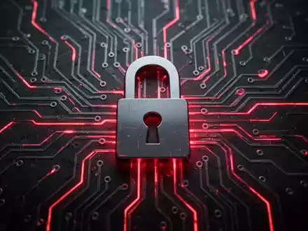 Leuchtend rotes digitales Vorhängeschloss-Symbol auf komplexer Leiterplatte, symbolisiert Cybersicherheitsrisiken und Schwachstellen in veralteten Systemen. - Foto: über boerse-global.de