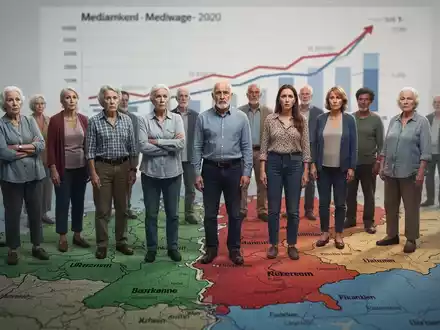 Eine vielfältige Gruppe von Menschen steht auf einer Deutschlandkarte, die eine Lohnkluft zwischen Stadt und Land symbolisiert. - Foto: über boerse-global.de